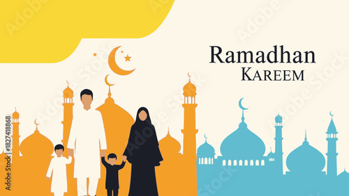 Ramadan Kareem A Family's Joyful Celebration with Mosque Silhouettes and Crescent Moons