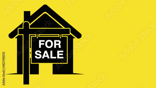 For Sale Sign in Front of a House in Black on Yellow Background