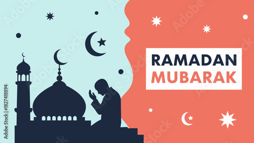 Ramadan Mubarak Greeting Celebrating the Holy Month with a Mosque Silhouette and Prayer