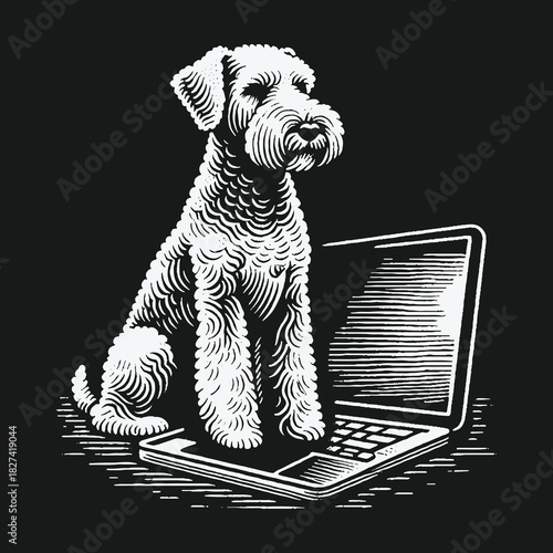 Wire Haired Terrier Dog Sitting on a Laptop Computer Illustration.