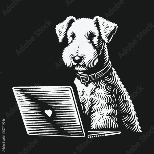 Clever Airedale terrier dog working on a laptop computer illustration.