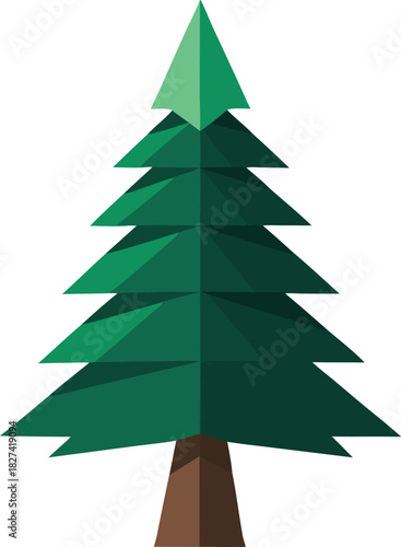 Stylized green evergreen tree with brown trunk on white background
