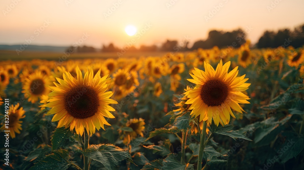 Fototapeta premium Golden Hour Glow Over a Vast Sunflower Field at Sunset.