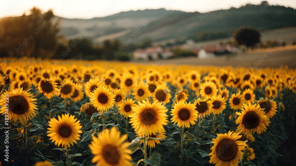 Fototapeta premium Golden Hour Glow Over a Vast Sunflower Field in the Countryside.