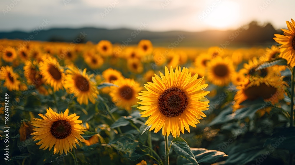 Fototapeta premium Golden Hour Glow - Sunflowers Bathed in Warm Light at Sunset.