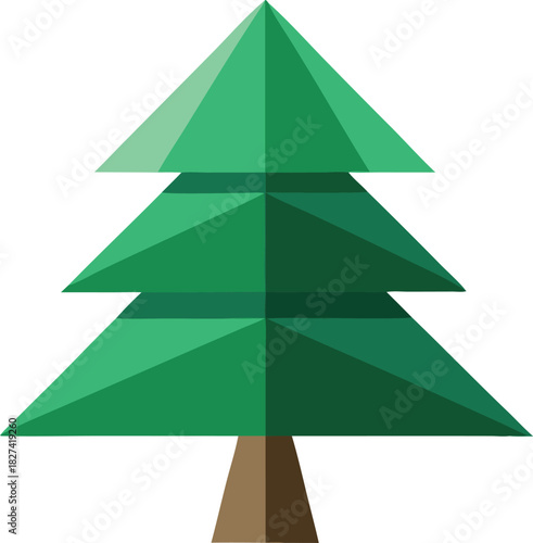 Stylized green pine tree with geometric shapes and brown trunk