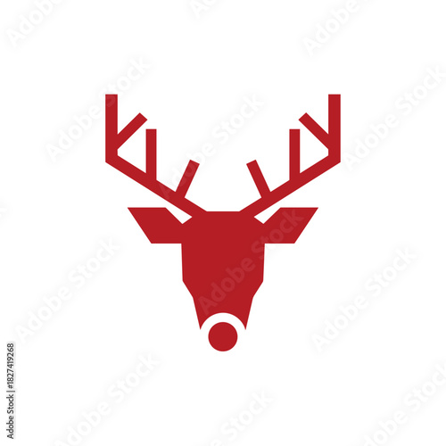 Minimal red reindeer head graphic with antlers and a round nose on a white background.
