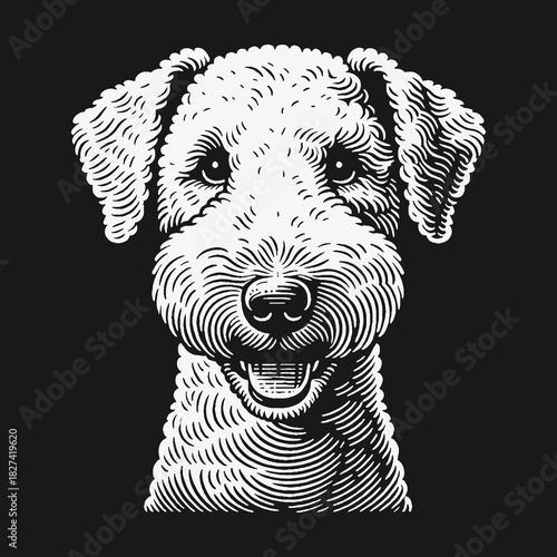 Engraved style portrait of a happy Airedale Terrier dog head.