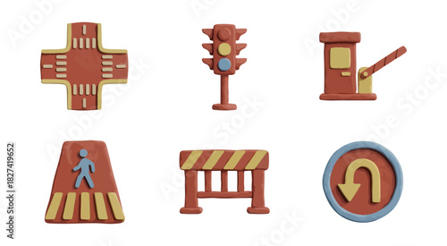 Road traffic elements icons set intersection signals barriers signs