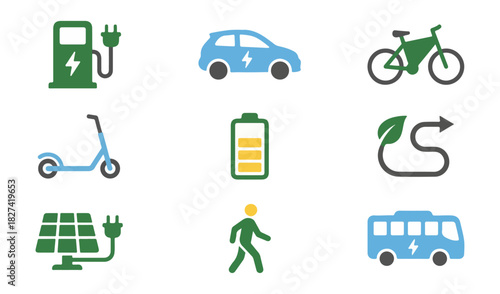 Road transportation icons set traffic signals vehicles and environmental symbols