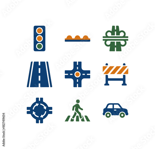 Road transportation icons set traffic signals road signs vehicles