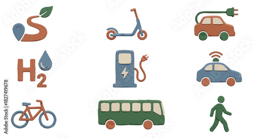 Sustainable transportation icons on black background for environmental concepts