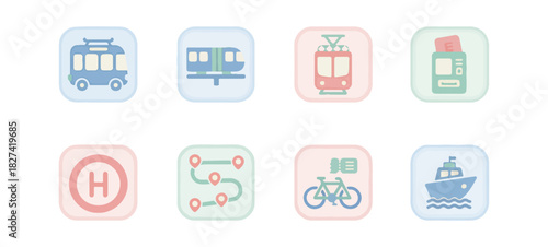 Transportation icons bus train tram ticket helicopter route bicycle ferry