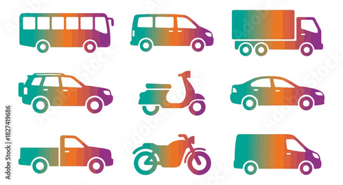 Transportation icons bus car truck and motorcycle silhouettes