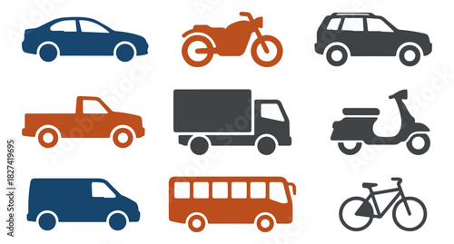 Transportation icons cars motorcycles trucks vans and more