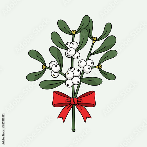 Detailed illustration of mistletoe leaves and white berries tied together with a red bow.

