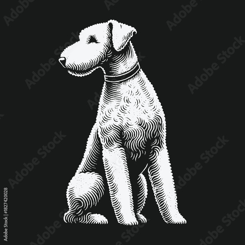 Stylized Terrier Dog Sitting in a Classic Woodcut Illustration.