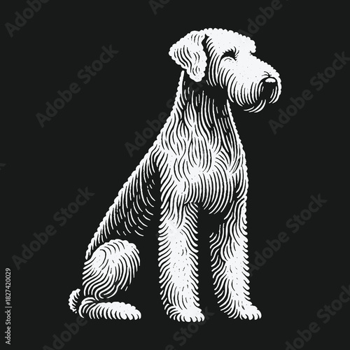 Elegant Airedale Terrier dog in a classic woodcut style illustration.