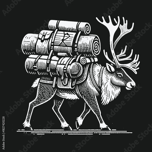 Vintage woodcut illustration of a pack reindeer carrying gear.