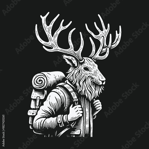 Monochrome illustration of an anthropomorphic deer hiker with a backpack.