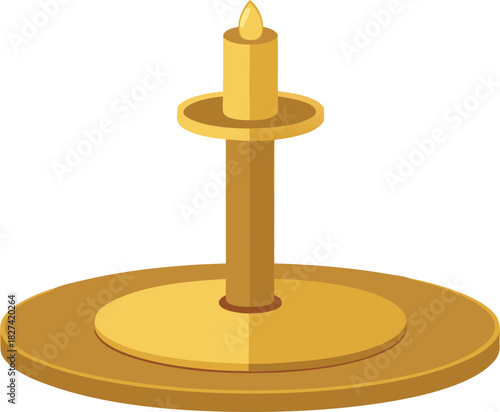 Golden candlestick with a lit candle on a white background