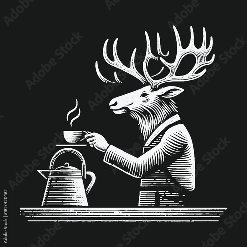 Vintage engraving style illustration of an anthropomorphic deer drinking tea.