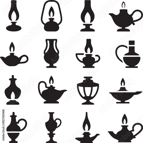 Collection of Antique Oil Lamps Black Silhouette Vector Art Icon Set