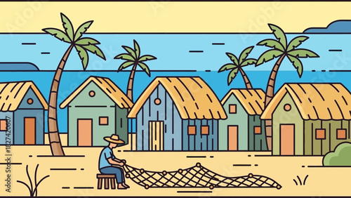 Coastal village scene with fisherman mending net on the beach.