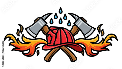 Firefighter emblem with helmet, axes, flames, and water drops.