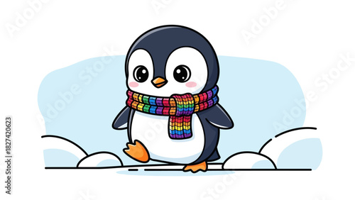 Cute cartoon penguin wearing a colorful scarf walking in the snow.