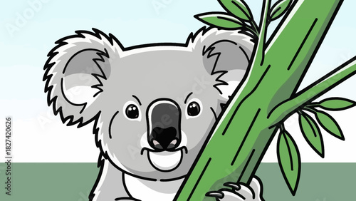Illustration of a cute koala bear clinging to a green tree branch with leaves.
