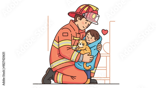 Firefighter rescuing child and cat from fire, cartoon illustration.