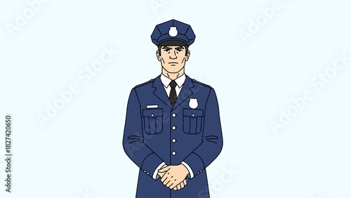 Illustration of a police officer in uniform standing at attention.