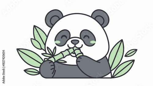 Cartoon panda eating bamboo with leaves on a white background.