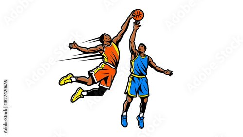 Basketball players in action, one jumping to block a shot.