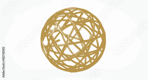 Abstract golden sphere element made of messy interconnected lines and hand-drawn tangle texture graphic isolated PNG with Transparent Background