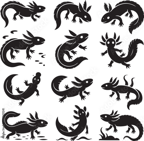 Collection of Black Axolotl Silhouettes Isolated on White Background Vector Illustration