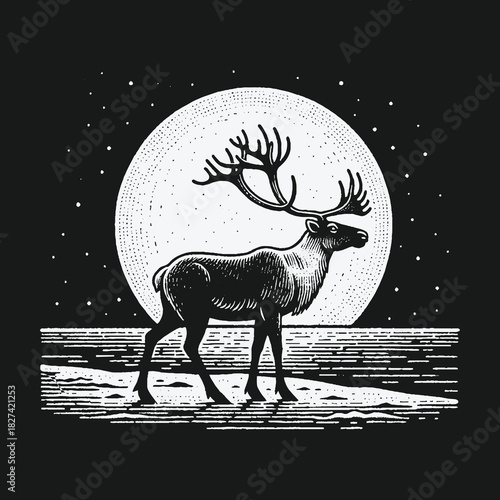 Majestic Reindeer Standing in Snow Under a Full Moon.