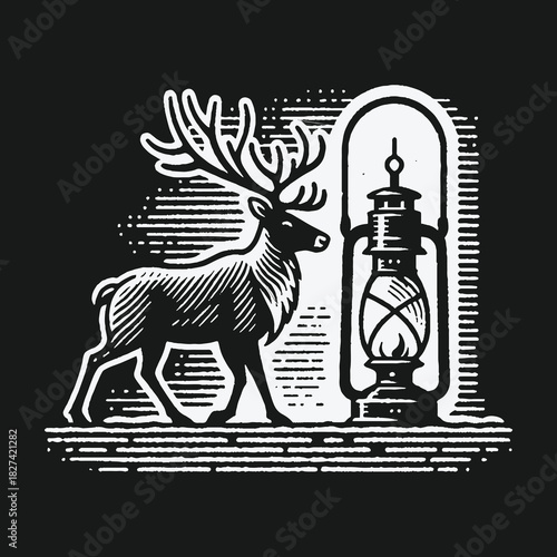 Vintage woodcut illustration of a reindeer and a glowing lantern.