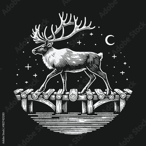 Vintage engraving style illustration of a reindeer crossing a wooden bridge under a starry night sky.