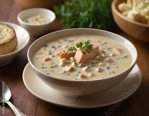 Obraz w ramie salmon chowder in a bowl