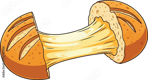 Cartoon illustration of a cheese bun cut in half isolated on