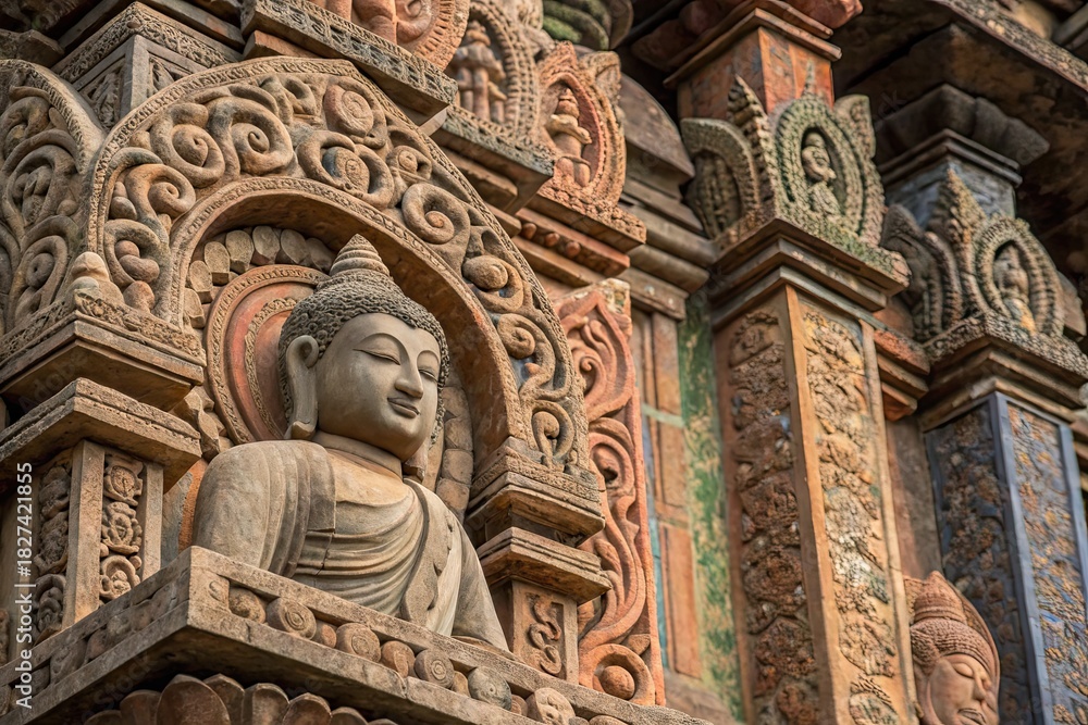 Obraz premium Detailed ancient stone carving of Buddha on a temple wall