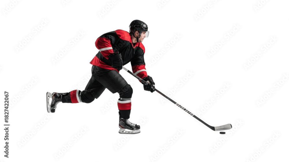 Obraz premium Determined ice hockey player in black and red uniform skating aggressively with stick controlling puck on white background, showcasing speed, balance, power and high‑intensity rink competition