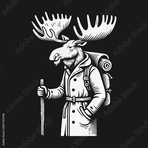 Anthropomorphic moose hiker character in a coat with a backpack and walking stick.