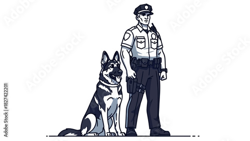 Illustration of a police officer standing next to a German Shepherd dog.