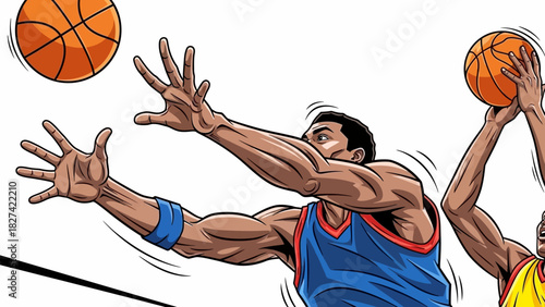 Basketball players reaching for the ball in a game.