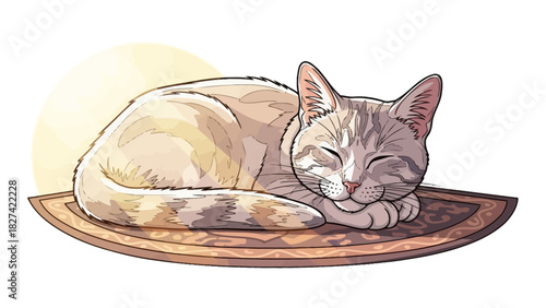 A tabby cat sleeping peacefully on a brown rug, with a soft yellow glow behind it.