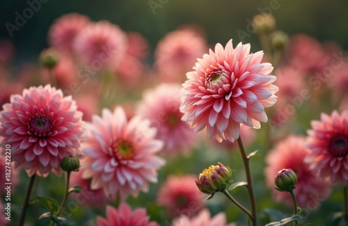 Floral photo shows vibrant pink dahlia flowers blooming. Delicate petals contrast against a blurred background creating soft focus. Natural light enhances the beauty of blossoms in garden scenery.
