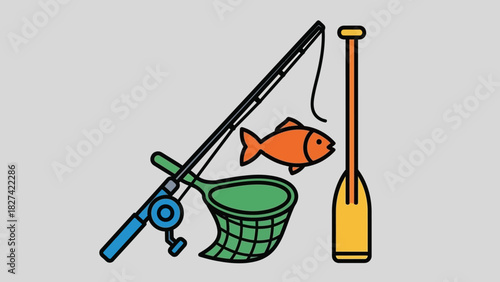 Fishing equipment with rod, net, paddle and fish illustration.